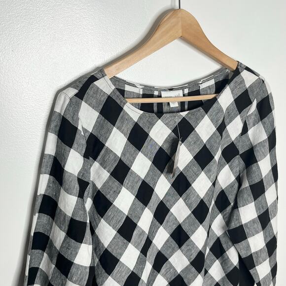 J. Jill Love Linen Pullover Top Womens Large Black Gingham Check 3/4 Sleeve - Picture 5 of 12